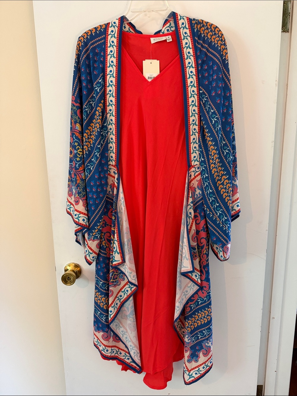 Bias cut Masai Dress with Blue base, multicolored Flying Tomato Patterned Kimono